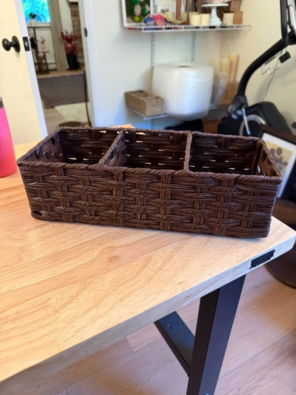 Toilet Tank Topper Paper Basket Woven Plastic Wicker & Metal Organizer Bin Brown